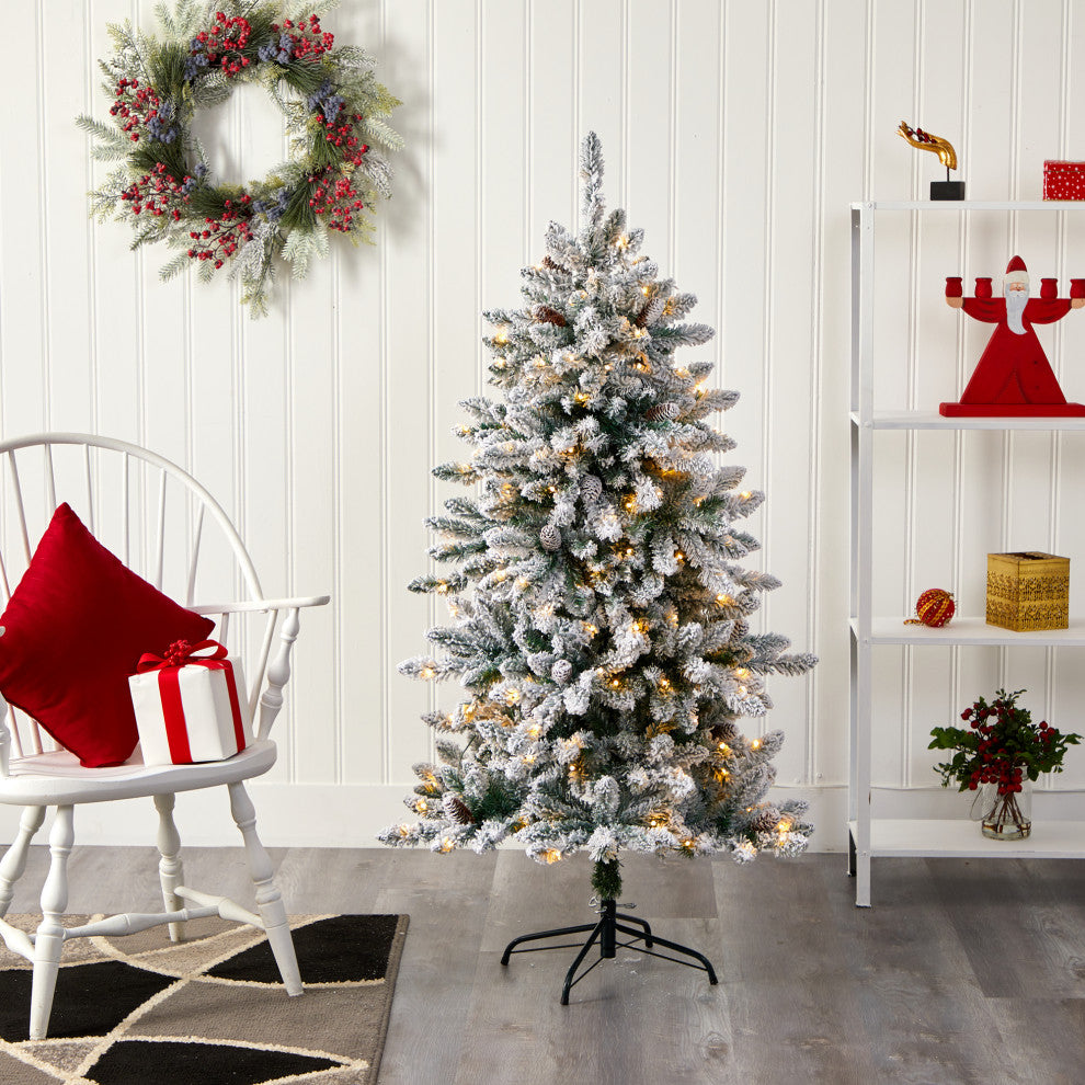 5' Flocked Livingston Fir Faux Xmas Tree With Pine Cones & 200 Clear Warm Lights