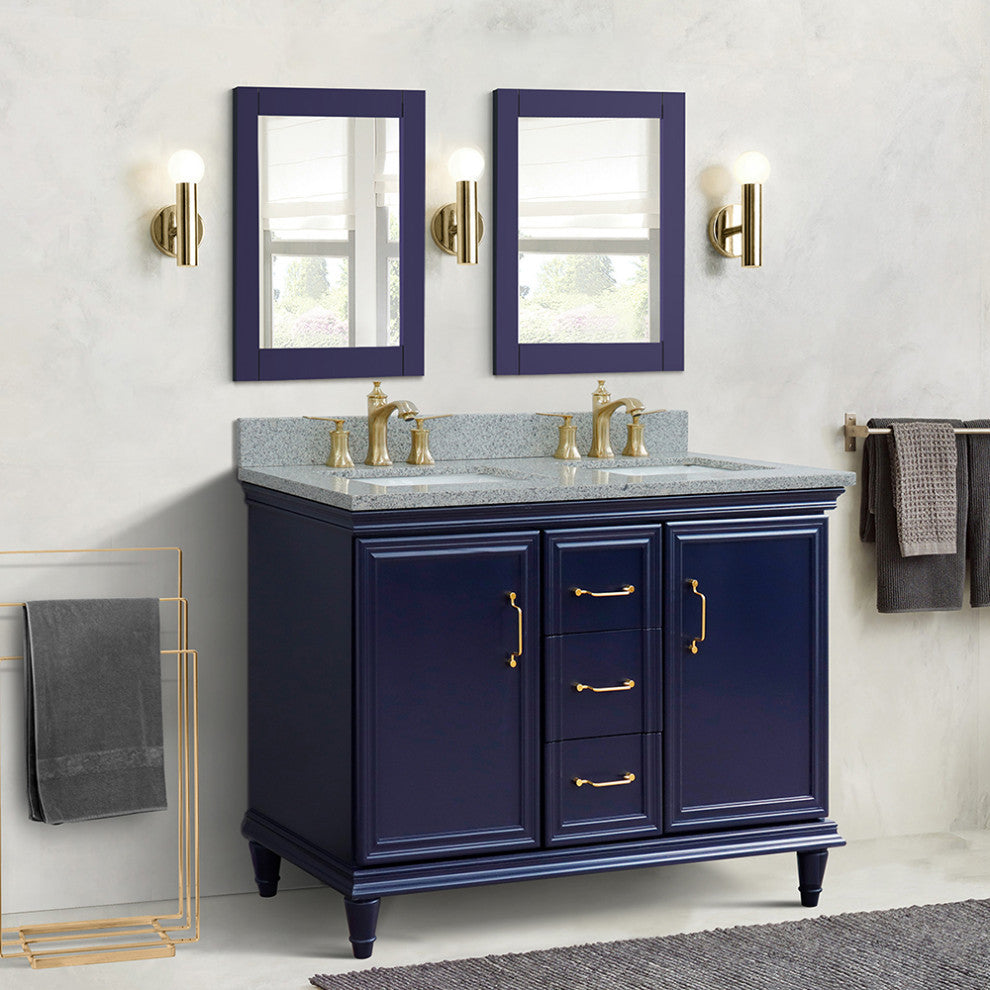 49" Double Vanity, Blue Finish With Gray Granite And Rectangle Sink
