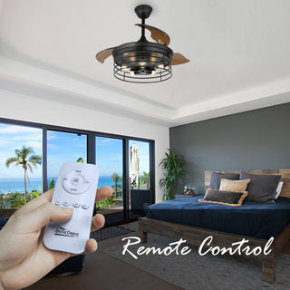 42" Black Industrial Retractable Ceiling Fan with Remote and Light Kit, Black