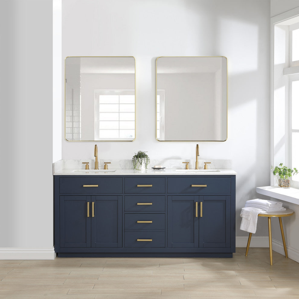 Gavino Vanity With Grain White Composite Stone Top, Royal Blue/Brushed Gold, 72", No Mirror