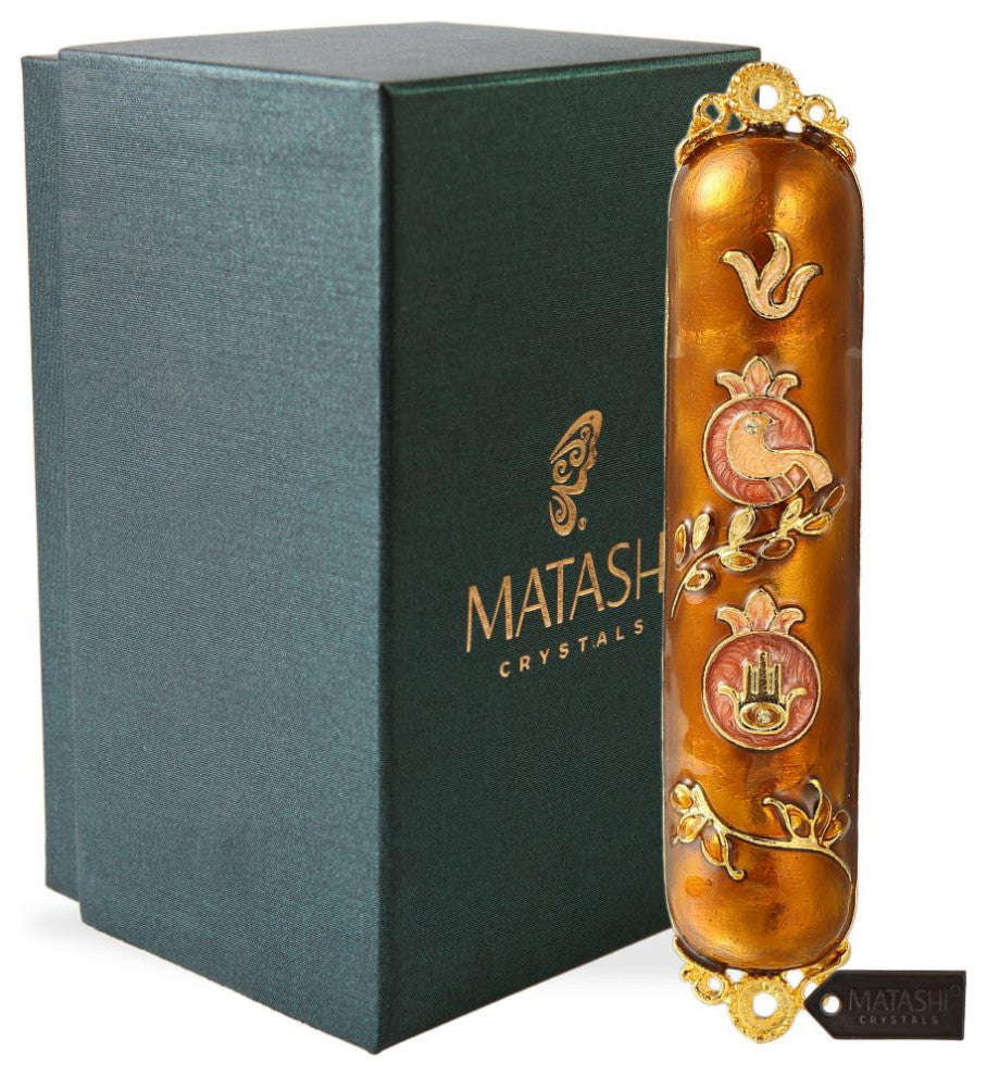 Matashi Hand Painted Enamel Mezuzah With Dove and Hamsa Design With Crystals