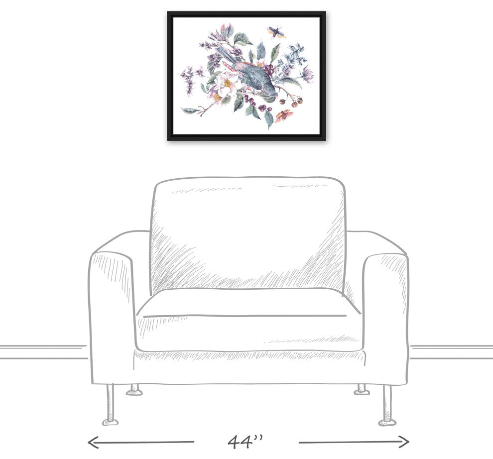 Watercolor Bird, Branches Purple Green 16x20 Black Floating Framed Canvas