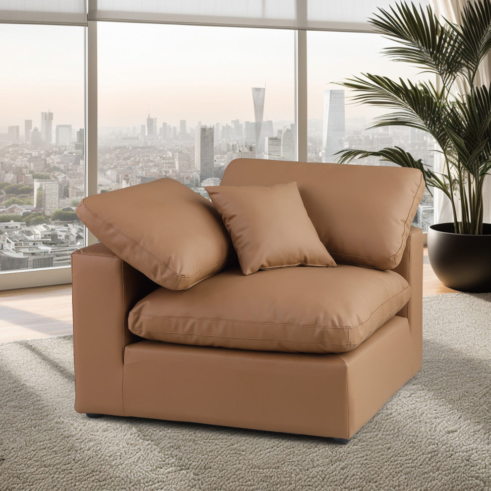Comfy Beige Linen Textured Fabric Modular Chair, Cognac, Vegan Leather, Corner Chair