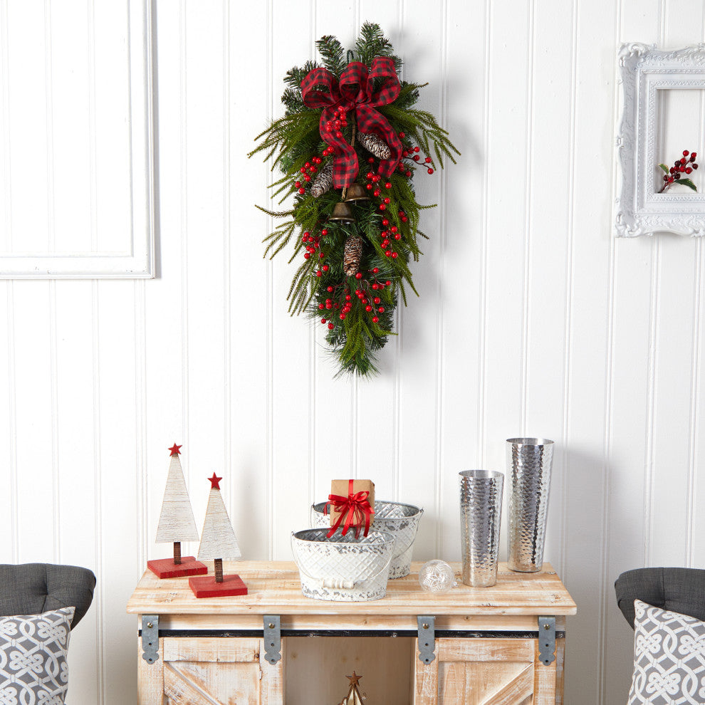 Nearly Natural W1279 24 Holiday Christmas Pine Cones, Berry and Bells Wreath