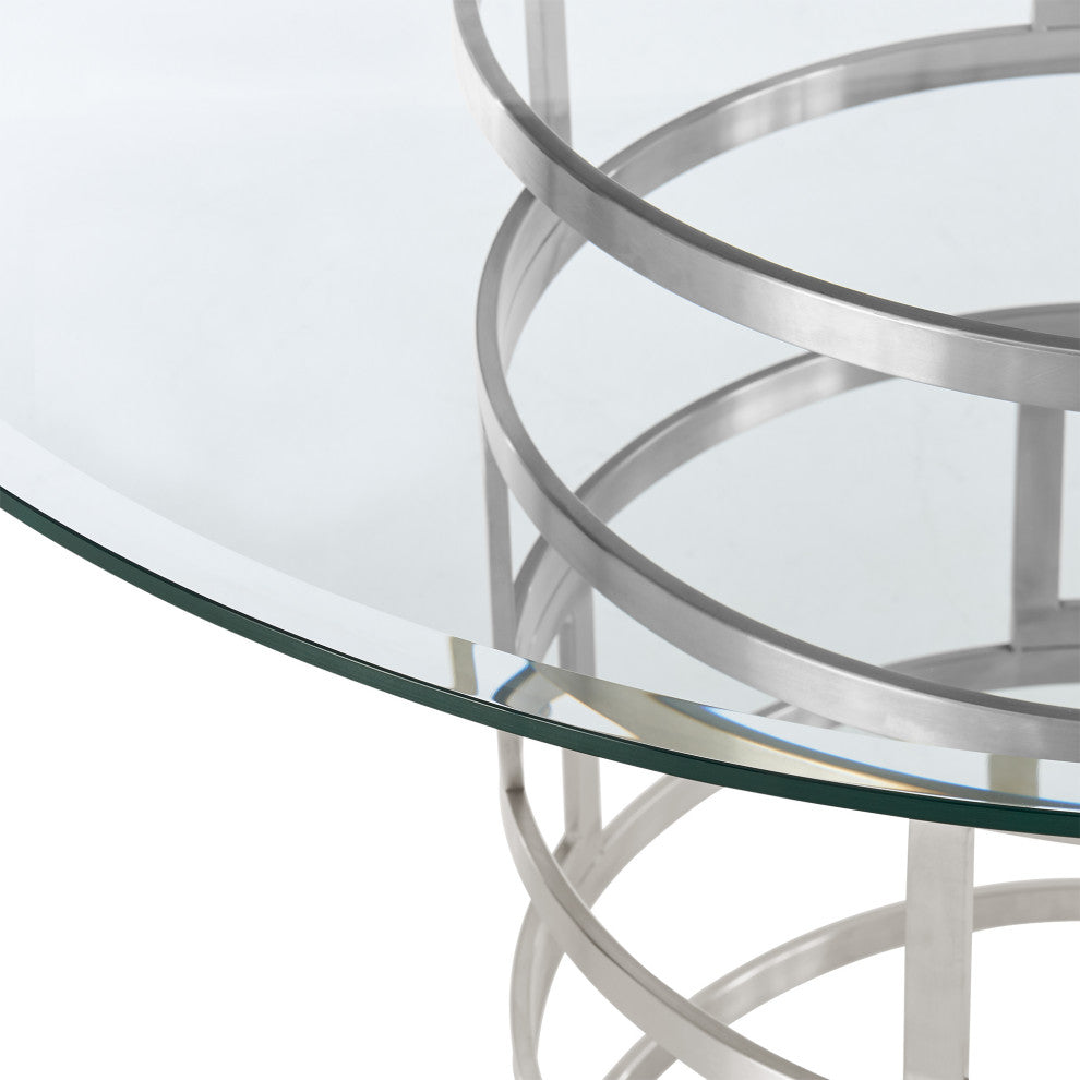 Diaz 48" Round Glass Tabletop Dining Table Brushed Stainless Steel Base