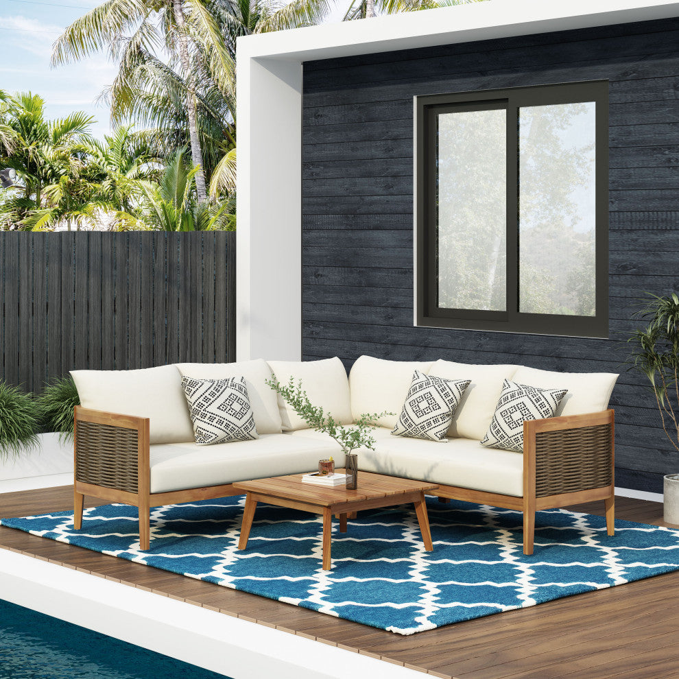 The Crowne Outdoor Acacia Wood and Round Wicker 5 Seater Sectional Sofa Chat Set
