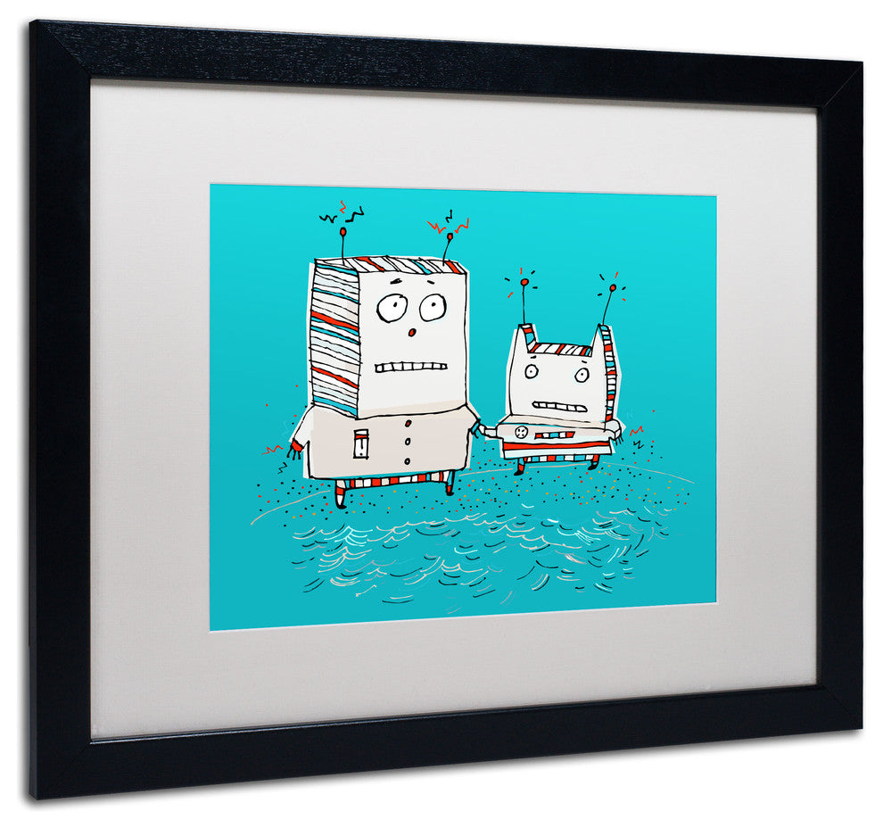 'Robots on Beach' Matted Framed Canvas Art by Carla Martell