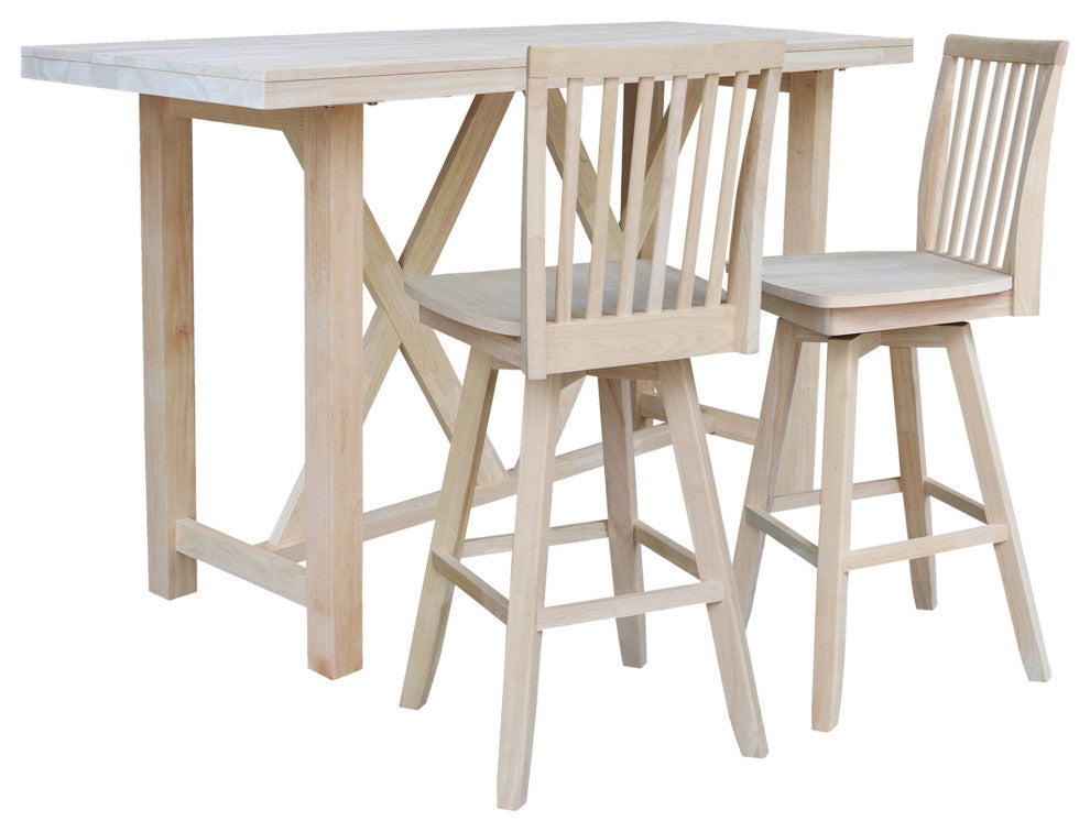 Bar Height Table With 2 Slat Back Swivel Bar Stools - 30". Seat Height