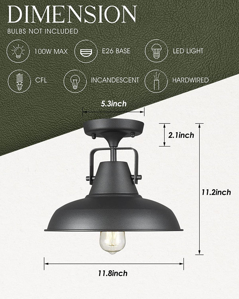 Industrial Semi Flush Mount Light Fixture, Farmhouse, Black