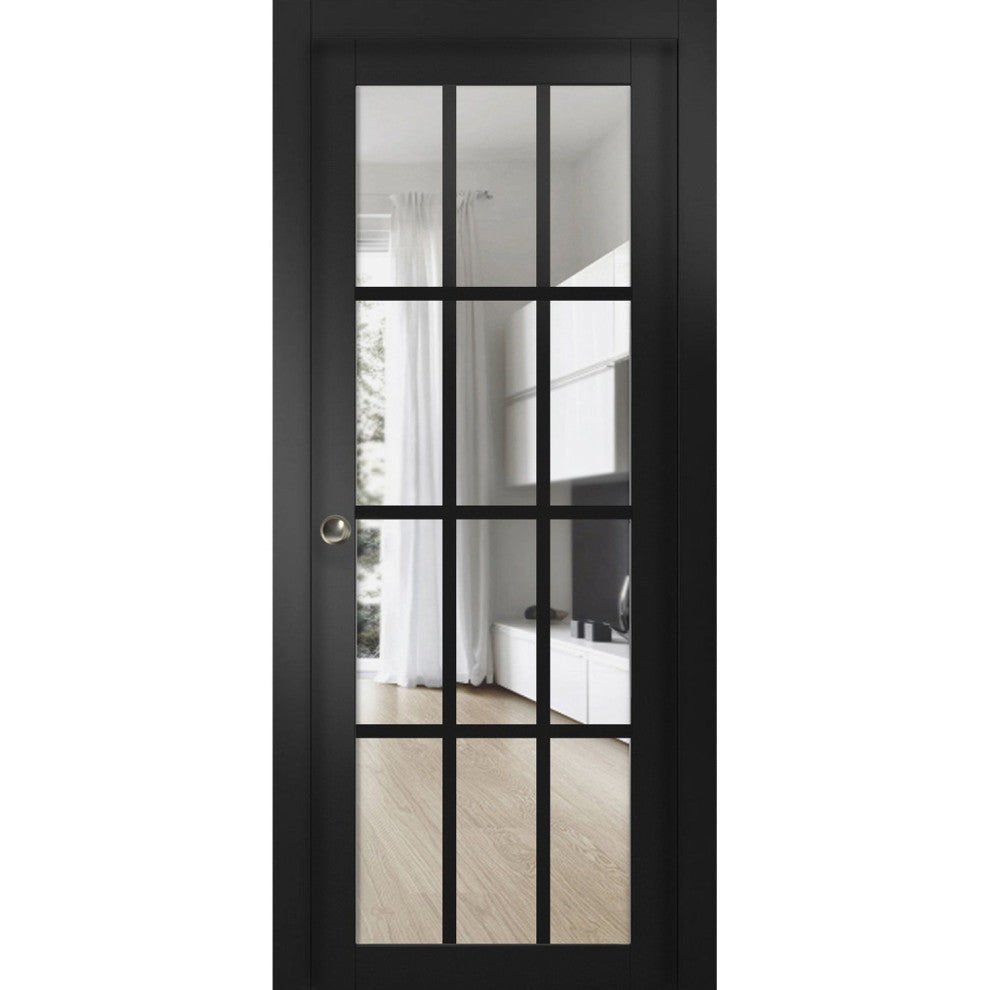 Sliding Pocket Door 36 x 84, Felicia 3355 Black & Clear Glass, Rails