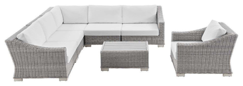 Lounge Sectional Sofa Chair Table Set, Rattan, Wicker, Gray White, Outdoor