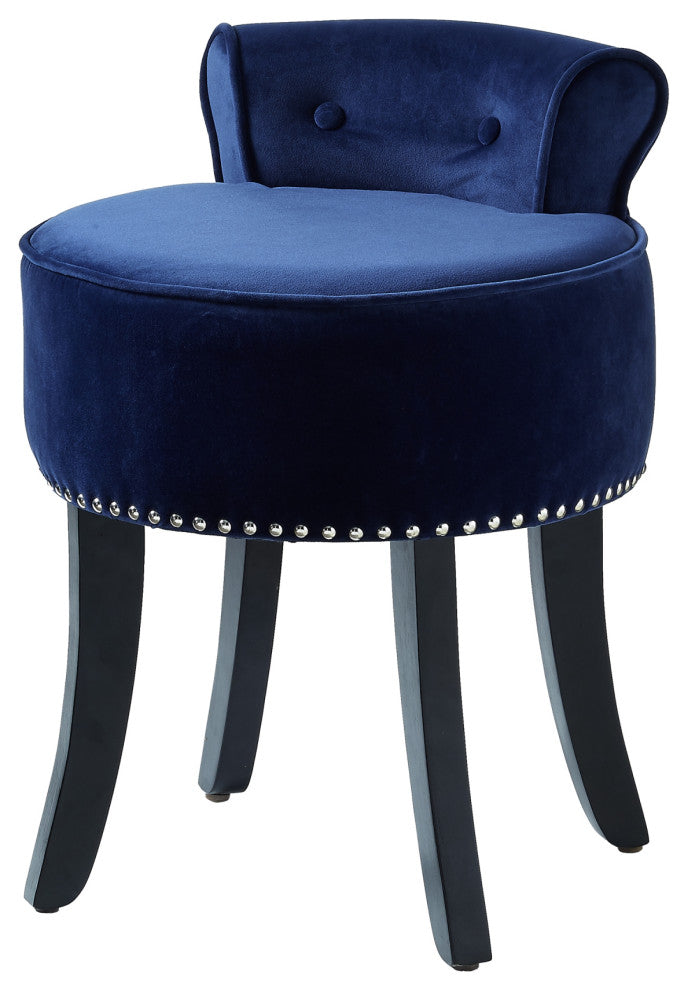 Ludovic Velvet Contemporary Nailhead Trim Rolled Back Vanity Stool, Navy