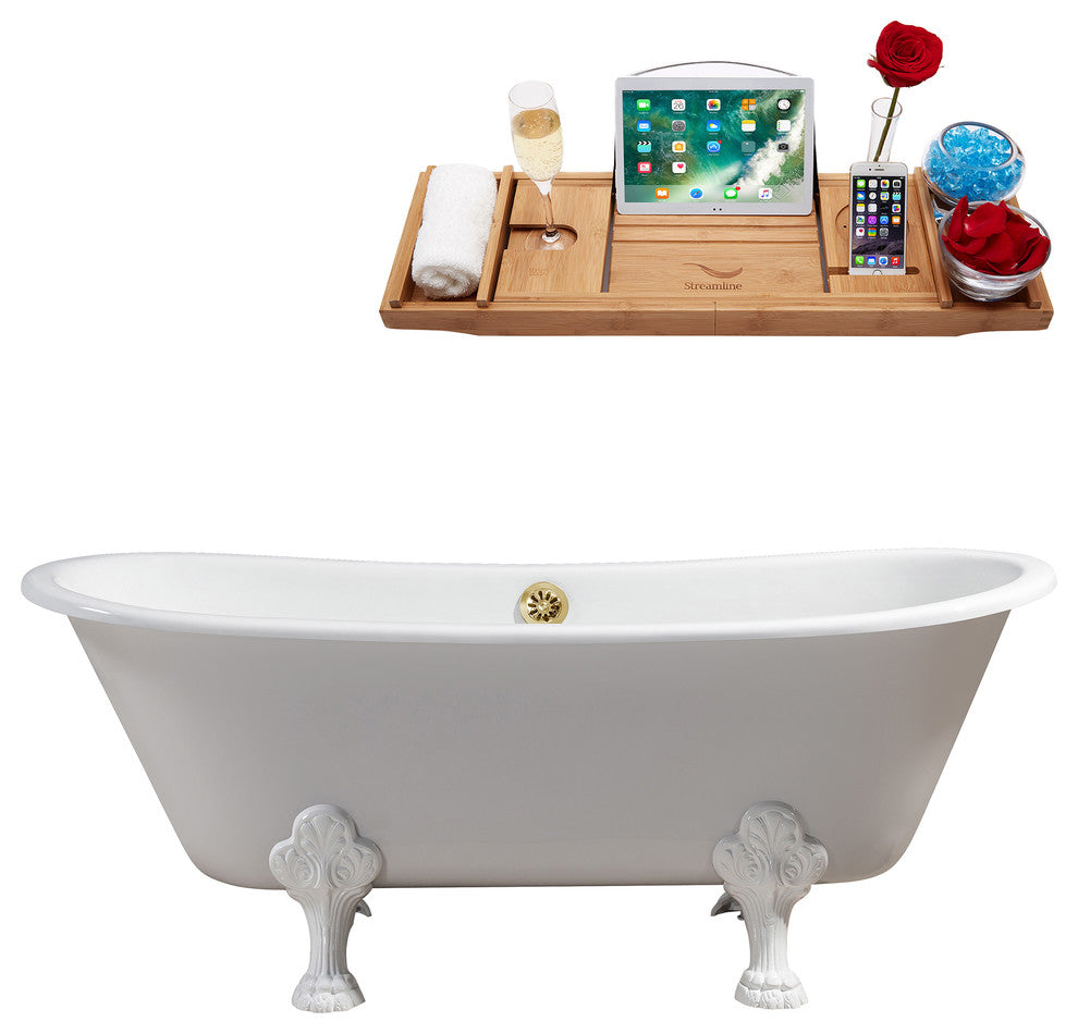 67" Cast Iron R5061WH-GLD Soaking Clawfoot Tub and Tray With External Drain