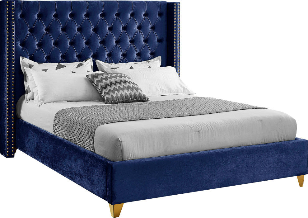 Barolo Velvet Upholstered Bed, Navy, Full