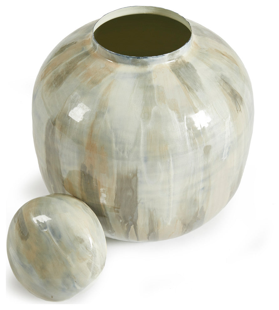 Elegant Enamel Metal Earth Tones Glossy Decorative Jar Cream Pearl White Modern