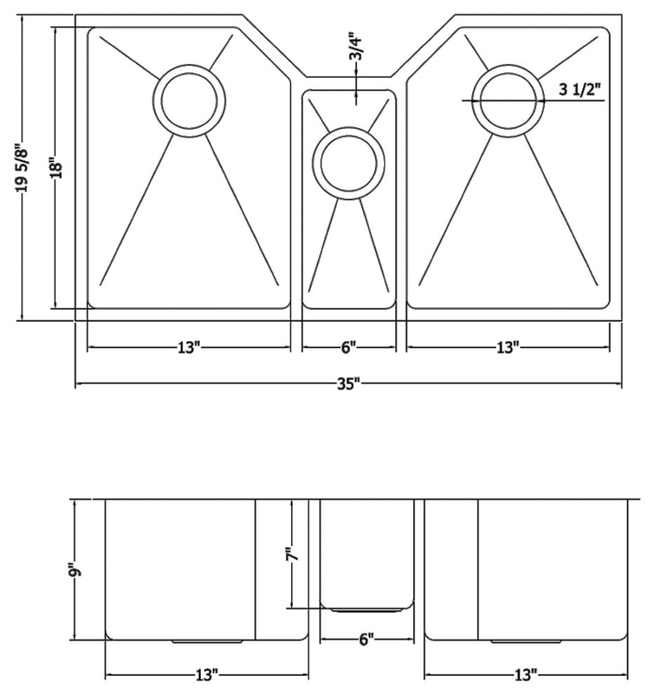 Ruvati RVH8500 35" Undermount Stainless Steel Kitchen Sink Triple Bowl