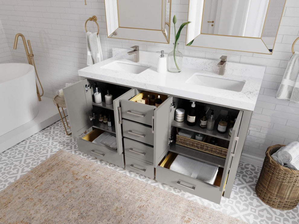 Malibu 60 Double Sink Bathroom Vanity in Elephant Skin Gray 2" Carrara Quartz