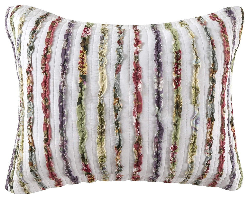Benzara BM226428 5 Piece Queen Size Cotton Quilt Set with Sewn Floral Ruffles