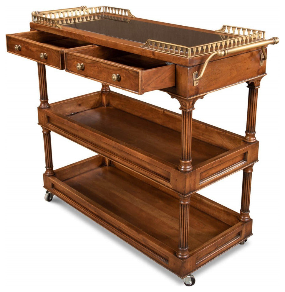 Traditional Style Walnut Rolling Bar Cart