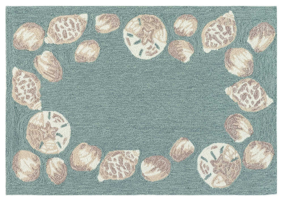 Capri Seashell Border Indoor/Outdoor Rug, Aqua, 2'x3'