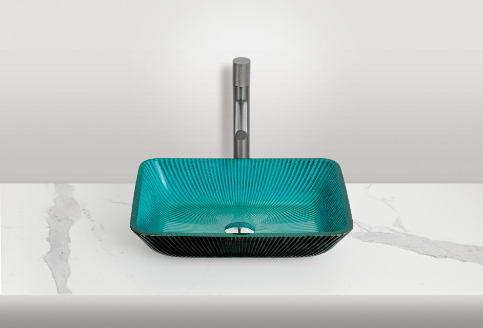 CastelloUSA Arete Rectangular Tempered Glass Vessel Sink Basin, Aqua Blue