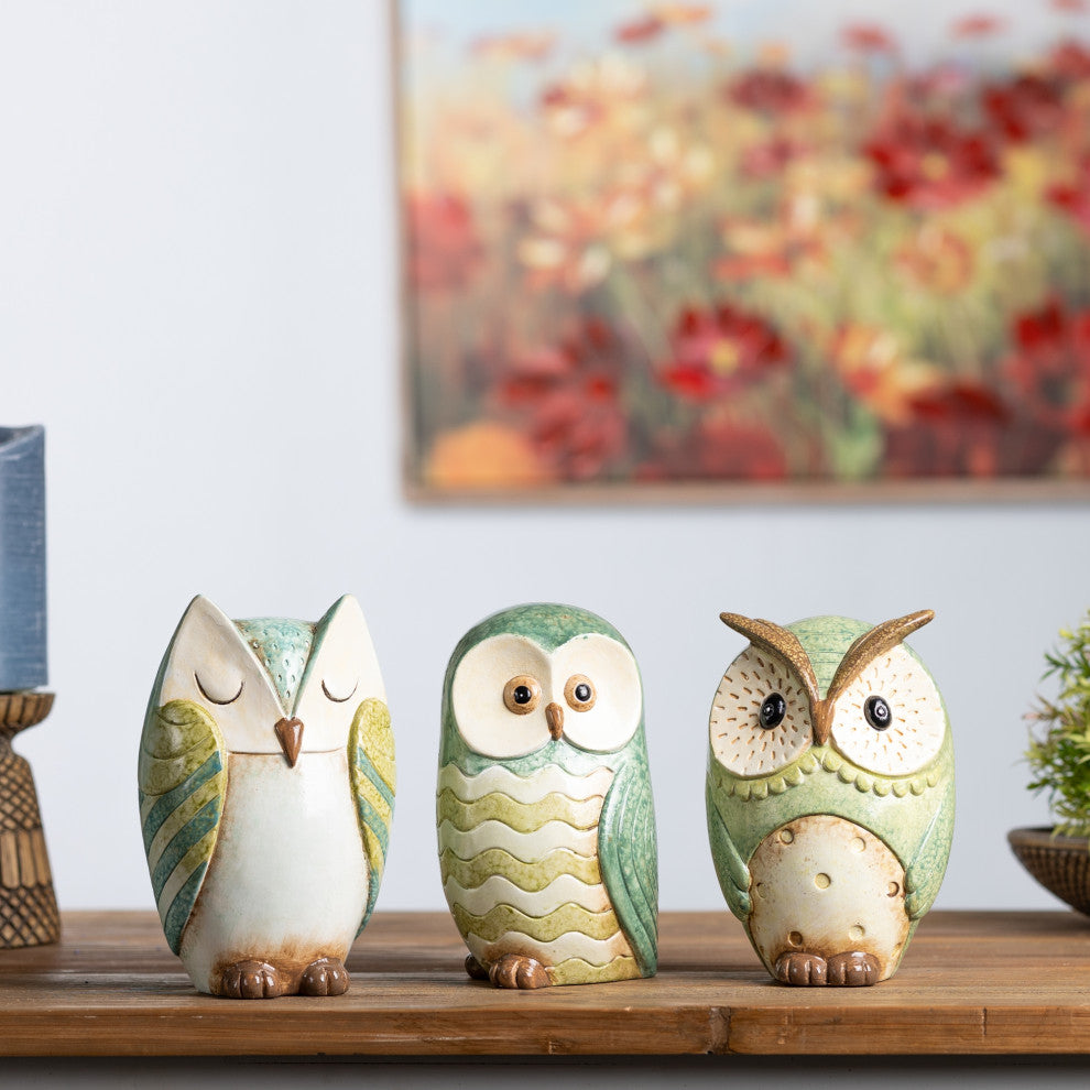 Terra Cotta Owl Figurine, 3-Piece Set