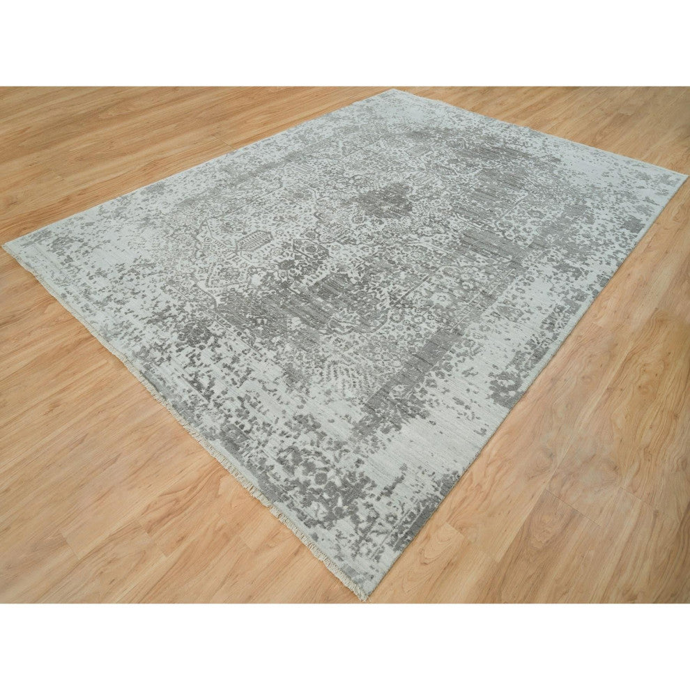 Goose Gray Zoroastrian Hand Knotted Wool and Silk Oriental Rug, 8'11"x12'1"