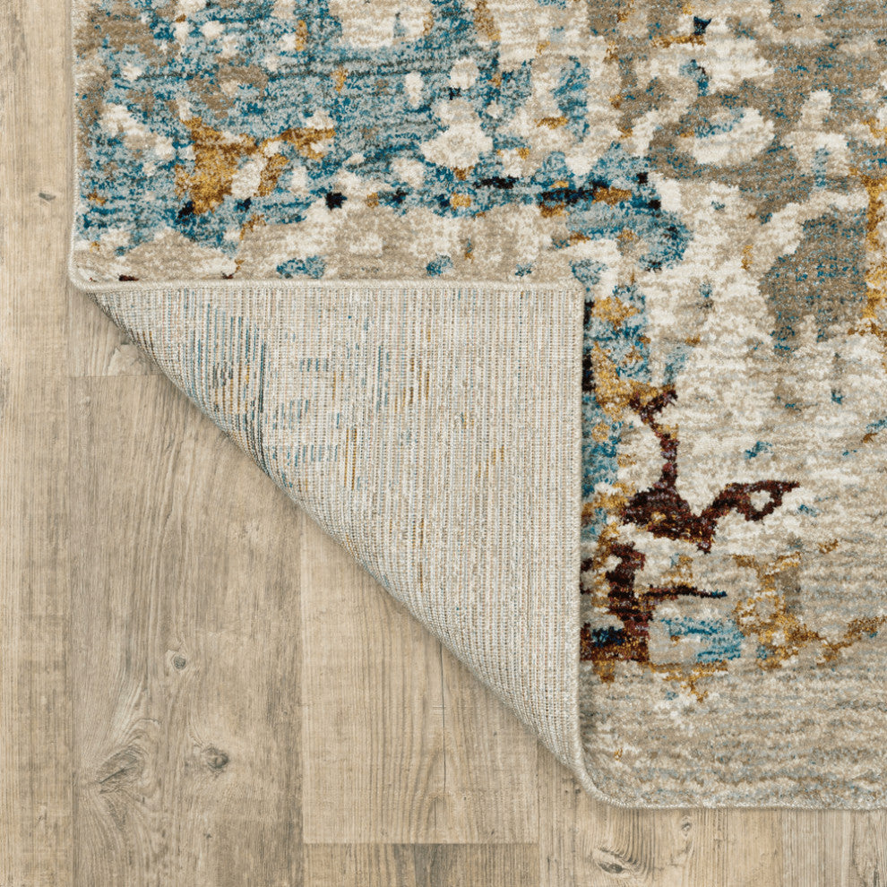 12' Runner Beige and Blue Abstract Power Loom Runner Rug