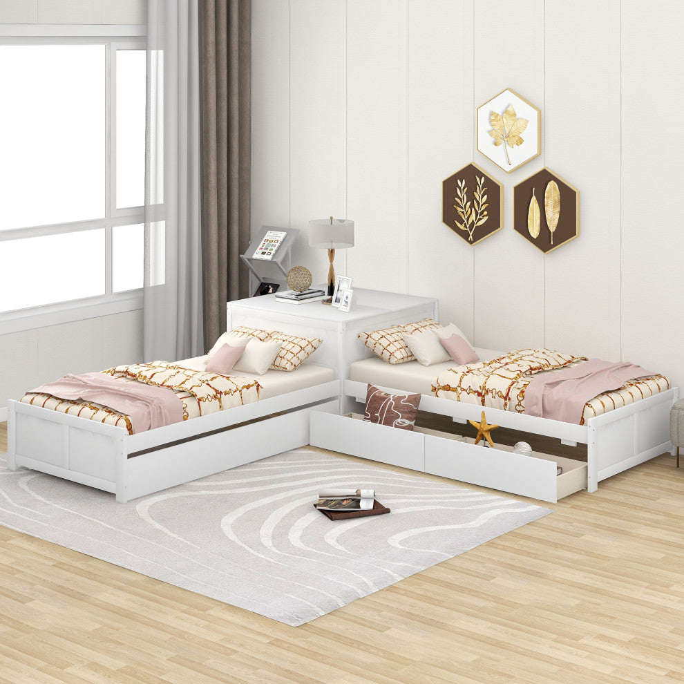 Twin Wood Frame Platform Bed with Trundle and Drawers , White, Twin