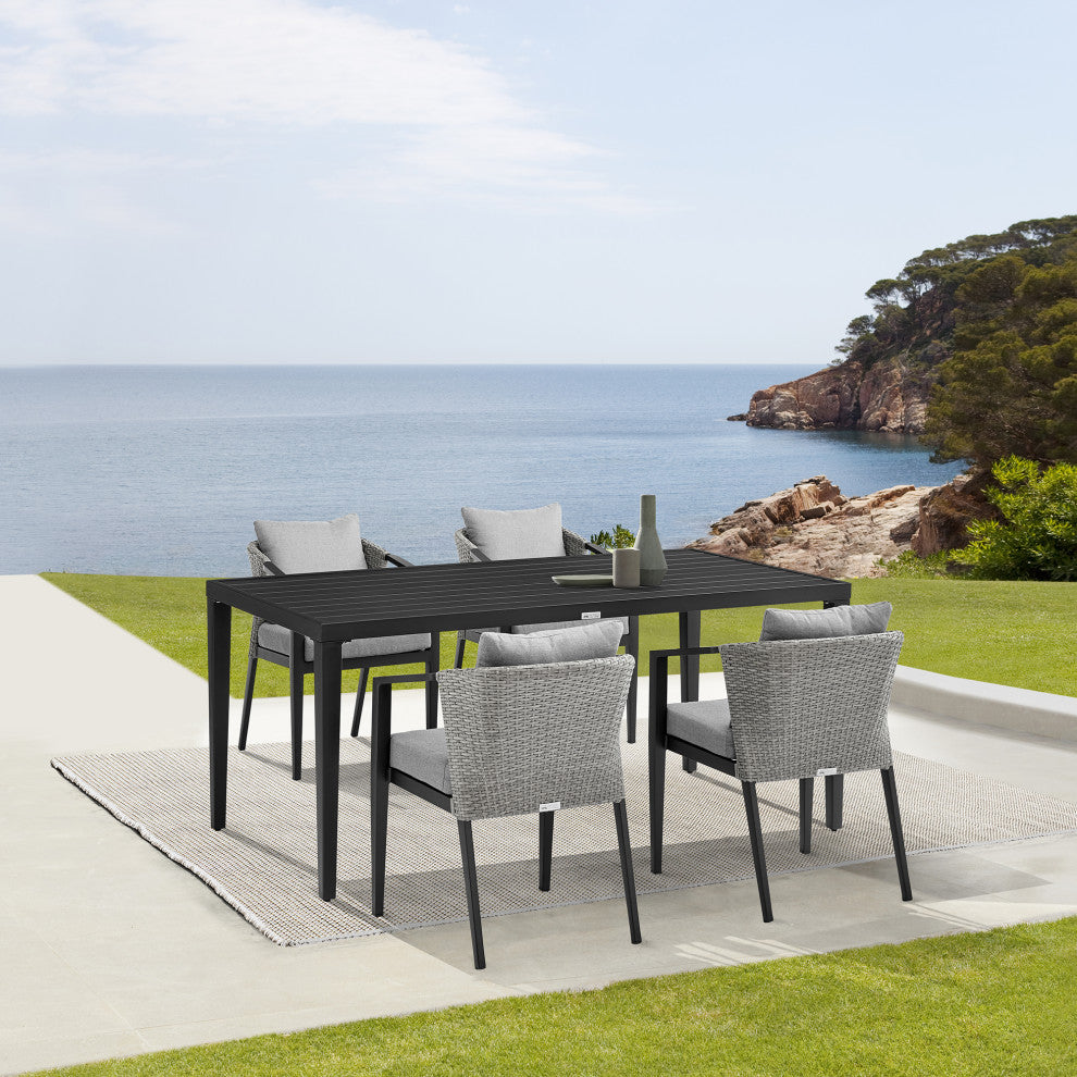 Aileen Patio 5-Piece Dining Table Set, Aluminum and Wicker With Gray Cushions