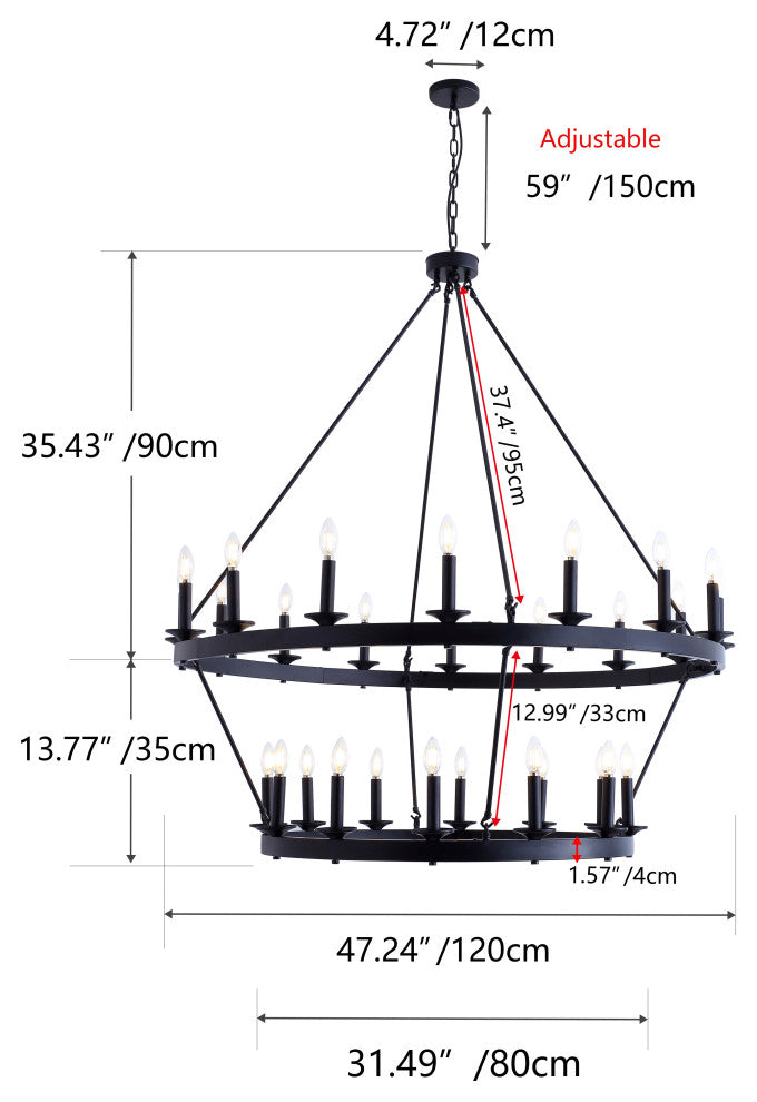 28-Light Wagon Wheel Chandelier Candle Tiered Pendant Lighting, Black