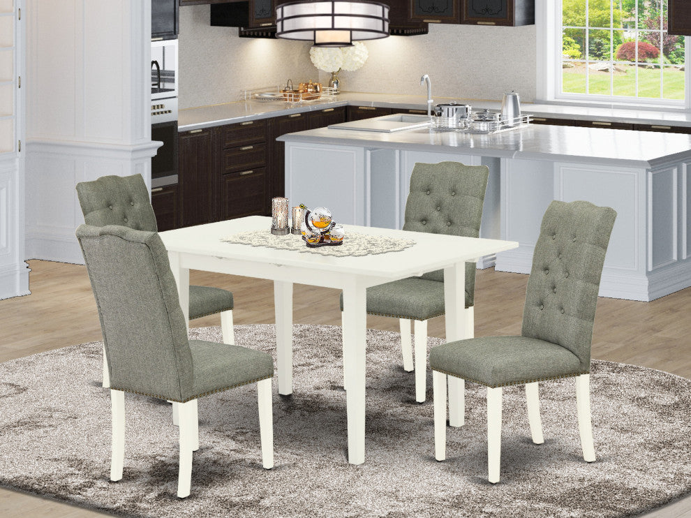 5Pc Kitchen Dining Set, Nail Head Chairs, Butterfly Leaf Table, Linen White