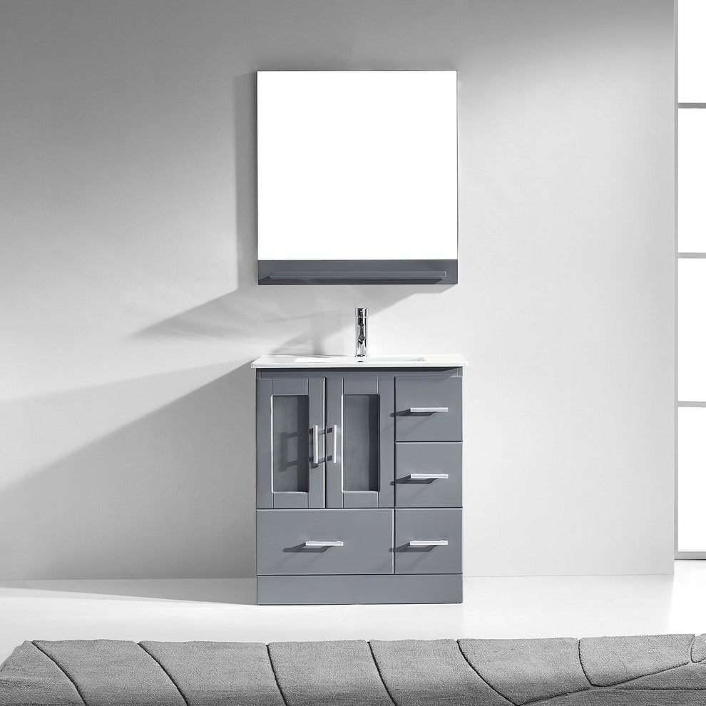 Virtu Zola Single Bathroom Vanity, Brushed Nickel Faucet and Mirror, Gray