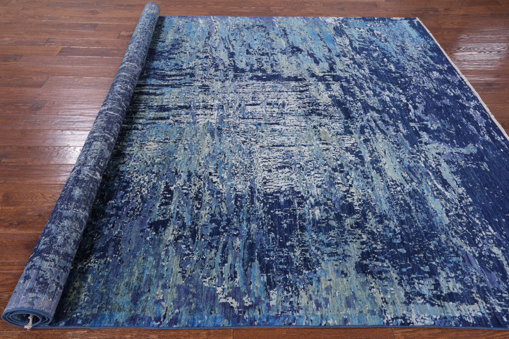 8' 2" X 9' 10" Abstract Wool and Silk Hand Knotted Rug Q4428