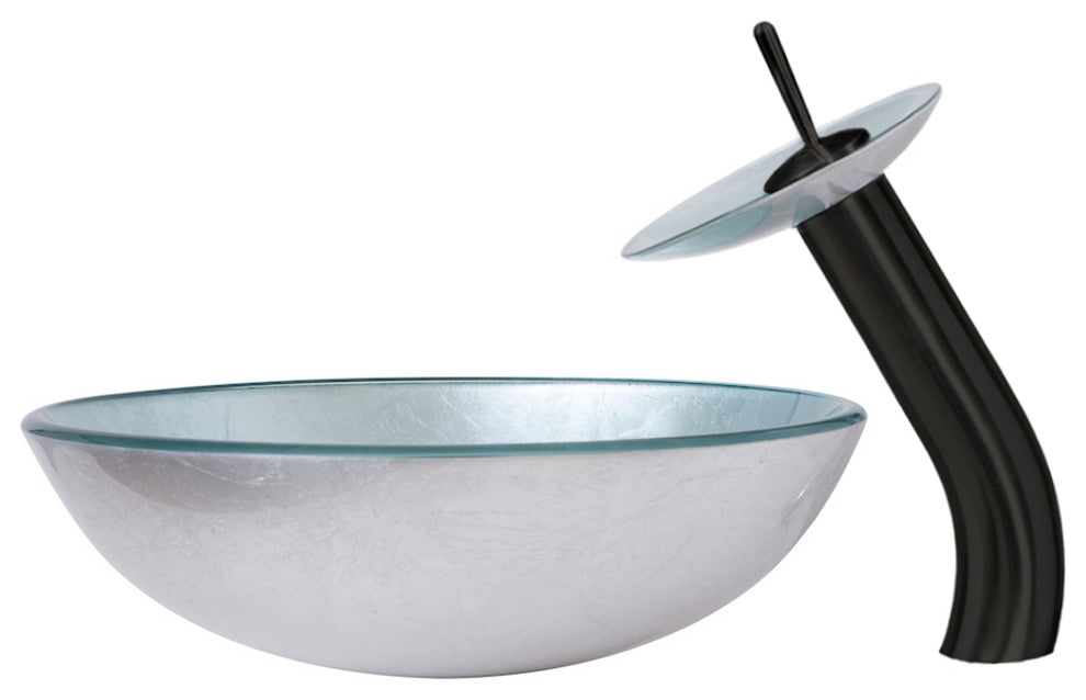Argento Round Silver Foiled Glass Vessel Bath Sink Combo with Faucet and Drain, Matte Black