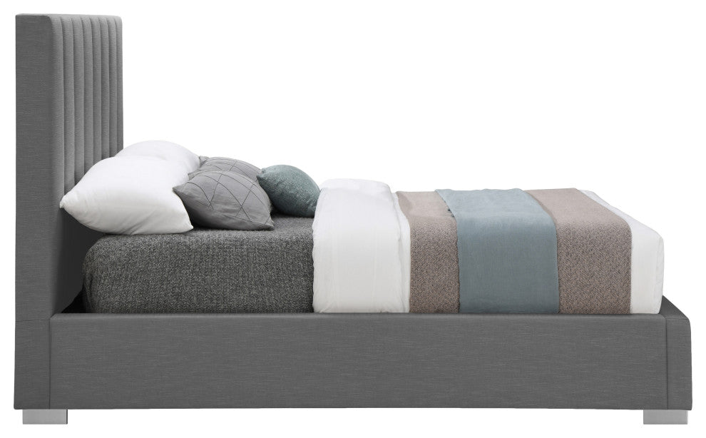 Pierce Linen Textured Fabric Upholstered Bed, Gray, Queen