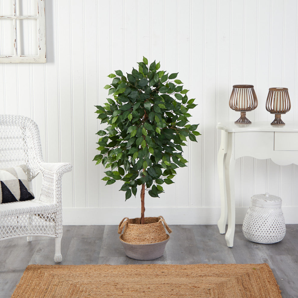 4' Ficus Artificial Tree, Boho Chic Handmade Cotton and Jute Gray Woven Planter