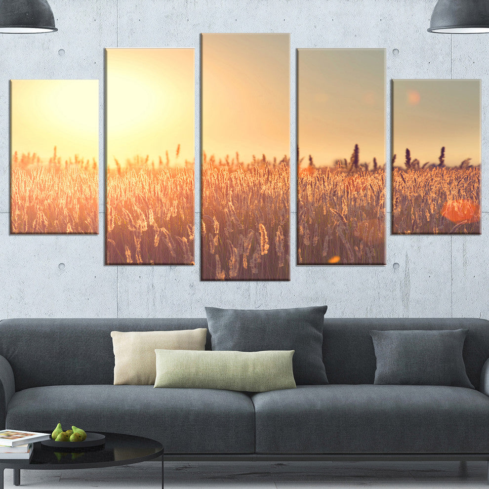 Rural Land under Shining Sun, Large Landscape Canvas Art, 60"x32", 5 Panels
