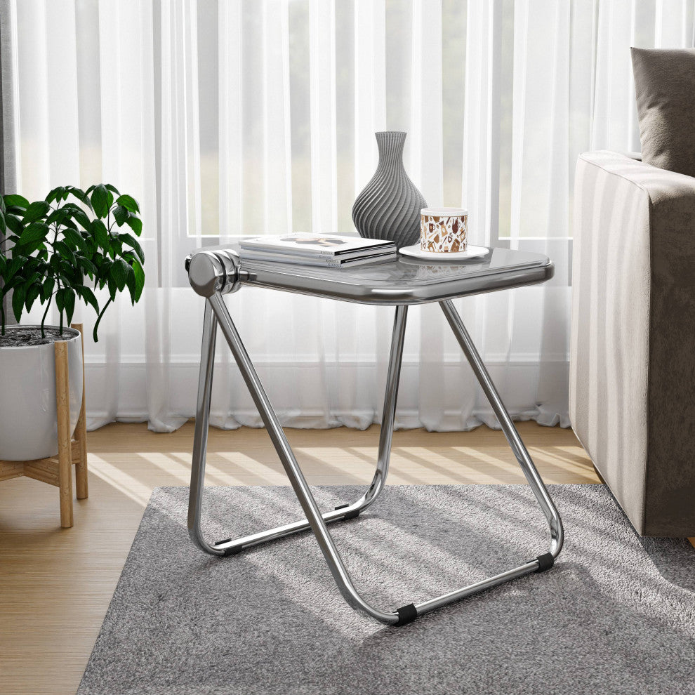 LeisureMod Lawrence Modern Rectangular Folding Table With Aluminum Frame, Transparent Black