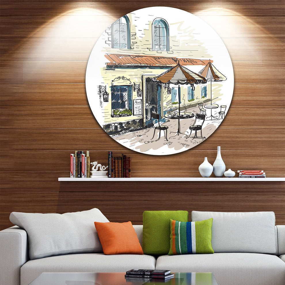 Street Caf???_???__, Watercolor Painting Round Metal Wall Art, 11"