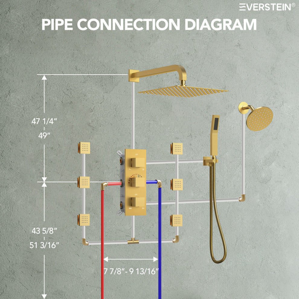 Dual Heads 12" Rain Shower System With 3 Way Thermostatic Faucet,Body Jets, Brushed Gold