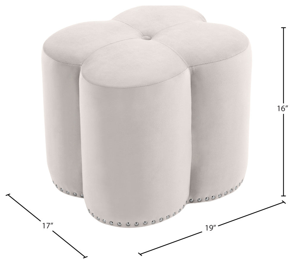 Clover Velvet Upholstered Ottoman, Cream, 19" W x 17" D