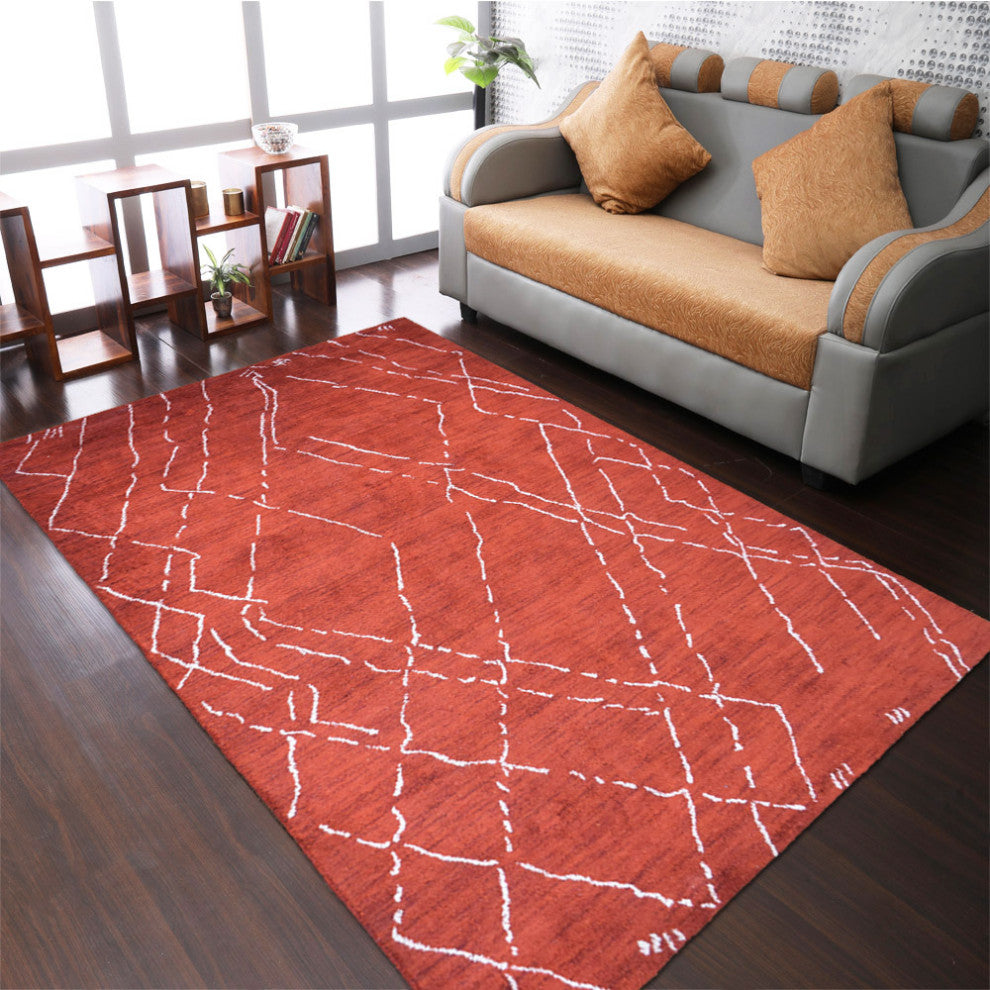 HAND KNOTTED LOOM SILK ECO-FRIENDLY RUG-5'x8',Rectangle,Red White,Contempor