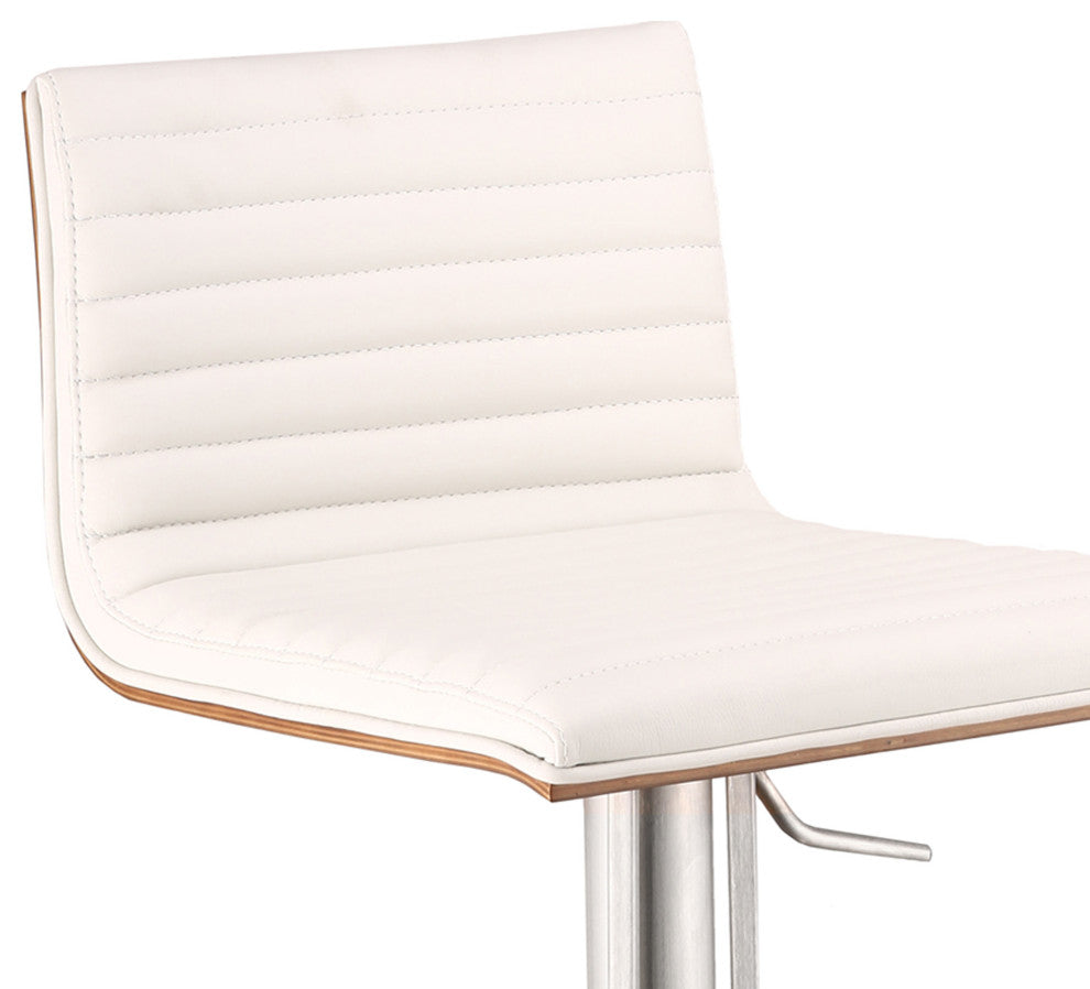 White Faux Leather Armless Swivel Bar Stool With Brushed Stainless Steel Base