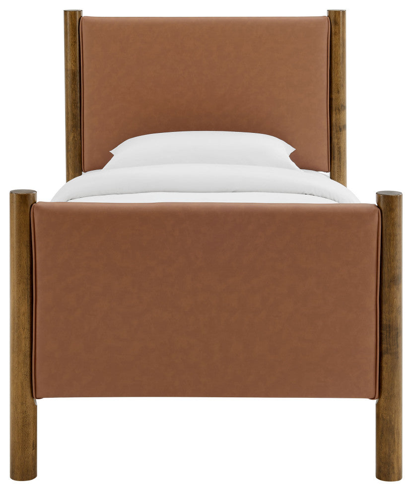 Maven Twin Size Vegan Leather Upholstered Platform Bed, Tan Walnut