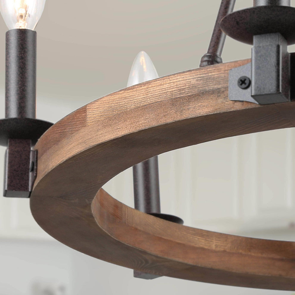LNC 6-Light Farmhouse Distressed Wood Candle-Style Wagon Wheel Chandelier