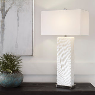 Modern Carved Faux Marble Ivory White Table Lamp 32 in Jungle Print Zebra Stripe