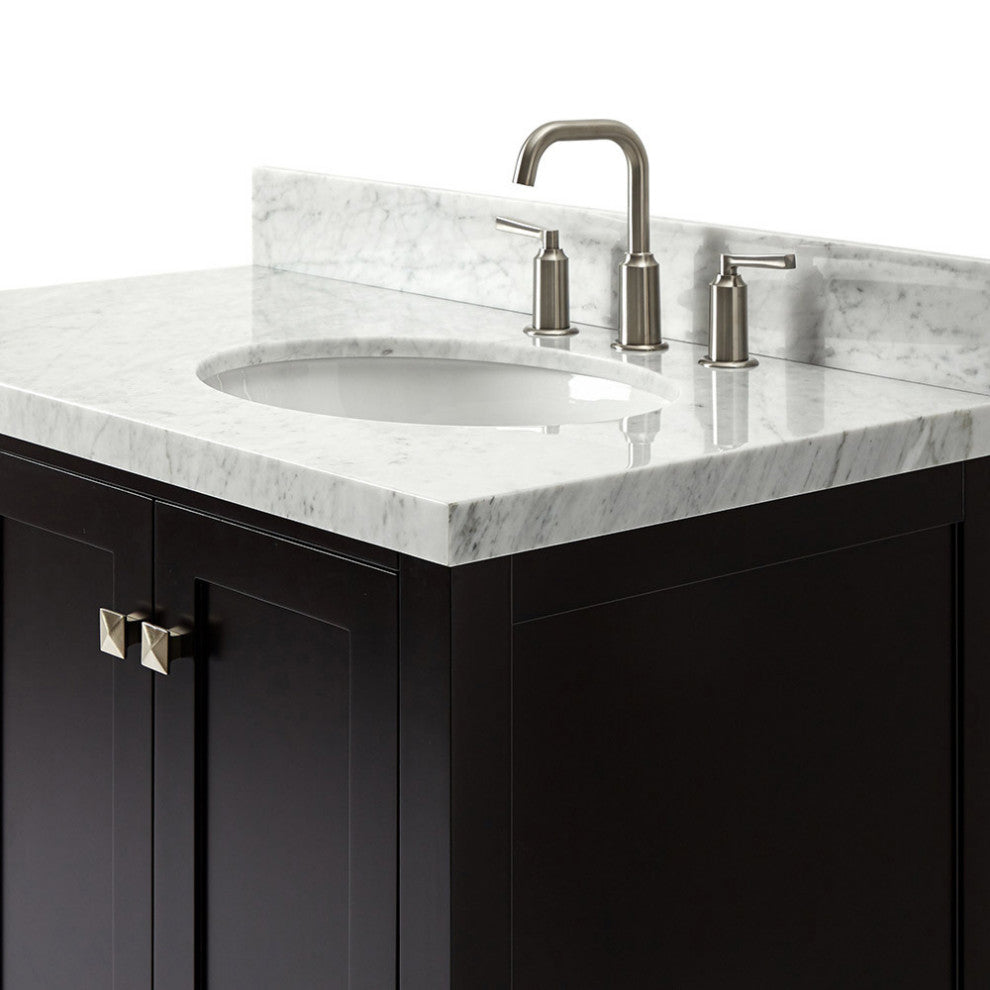 Cambridge 37" Bath Vanity With Marble Top, Carrara White/White Basin