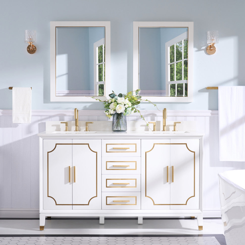 Melody Freestanding Bathroom Vanity with Wall Vanity Mirror and Quartz Top, White, 60"