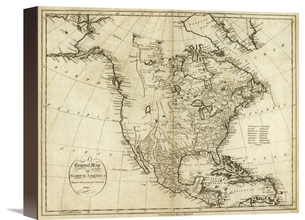"Map of North America, 1796" Stretched Canvas Giclee by John Reid, 16"x13"